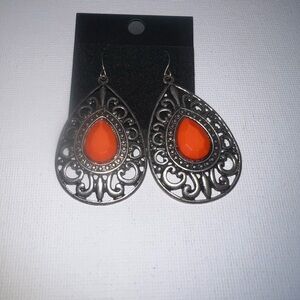Boho Filigree Teardrop‎ Earrings Orange Gem Dangle Drop Statement Earrings